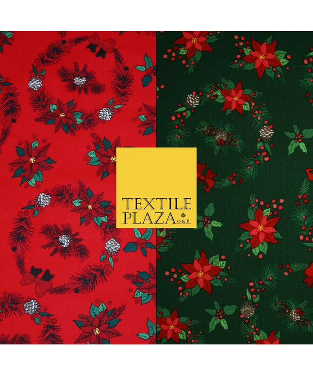 Christmas Wreaths Floral Red Poinsettia Festive Printed 100% Cotton Fabric 54"