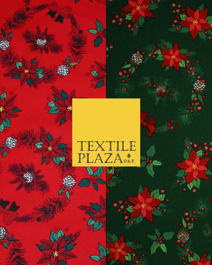 Christmas Wreaths Floral Red Poinsettia Festive Printed 100% Cotton Fabric 54"