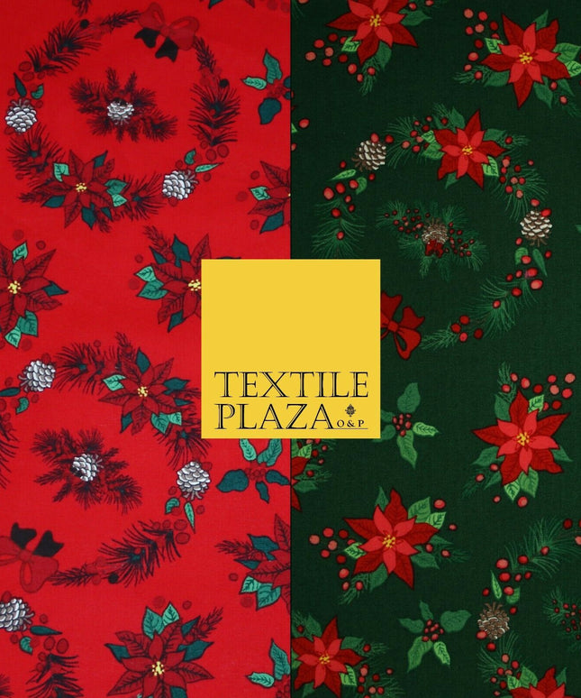 Christmas Wreaths Floral Red Poinsettia Festive Printed 100% Cotton Fabric 54"