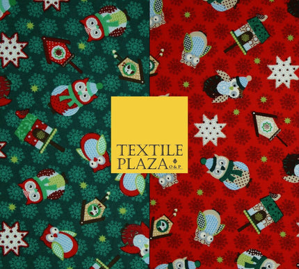 Festive Winter Owl Box House Christmas Snowflakes Printed 100% Cotton Fabric 54"