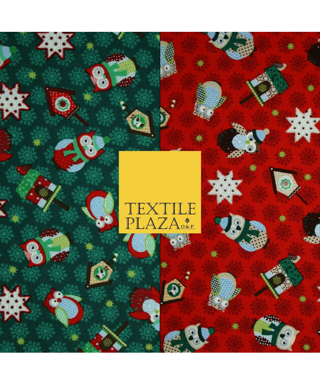 Festive Winter Owl Box House Christmas Snowflakes Printed 100% Cotton Fabric 54"