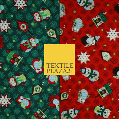 Festive Winter Owl Box House Christmas Snowflakes Printed 100% Cotton Fabric 54"