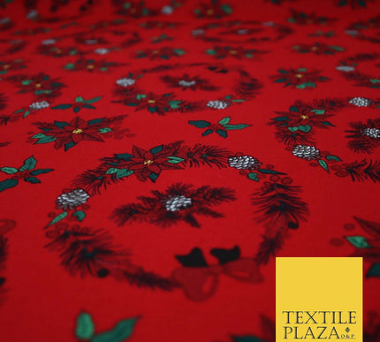 Christmas Wreaths Floral Red Poinsettia Festive Printed 100% Cotton Fabric 54"