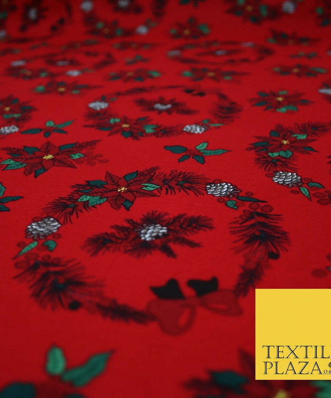 Christmas Wreaths Floral Red Poinsettia Festive Printed 100% Cotton Fabric 54"