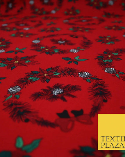 Christmas Wreaths Floral Red Poinsettia Festive Printed 100% Cotton Fabric 54"