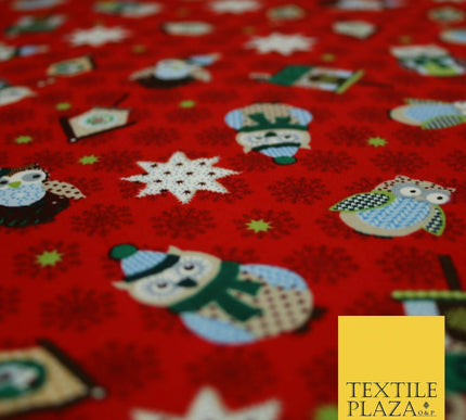 Festive Winter Owl Box House Christmas Snowflakes Printed 100% Cotton Fabric 54"