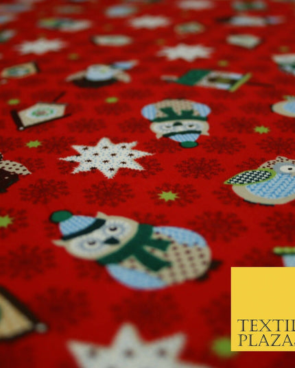Festive Winter Owl Box House Christmas Snowflakes Printed 100% Cotton Fabric 54"