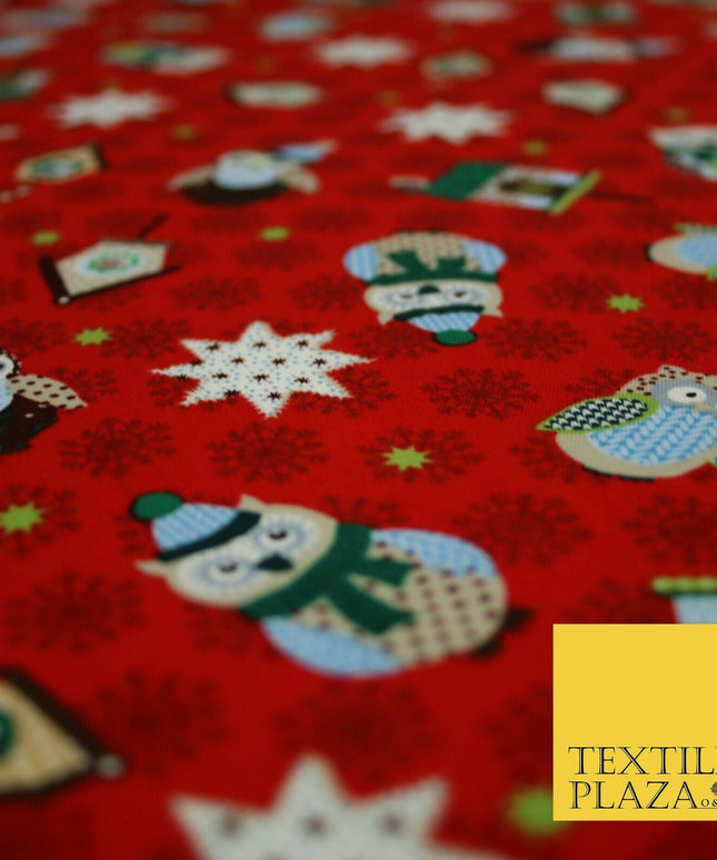Festive Winter Owl Box House Christmas Snowflakes Printed 100% Cotton Fabric 54"