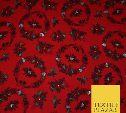 Christmas Wreaths Floral Red Poinsettia Festive Printed 100% Cotton Fabric 54"