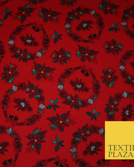 Christmas Wreaths Floral Red Poinsettia Festive Printed 100% Cotton Fabric 54"