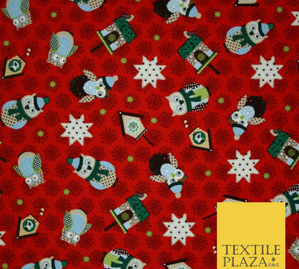 Festive Winter Owl Box House Christmas Snowflakes Printed 100% Cotton Fabric 54"