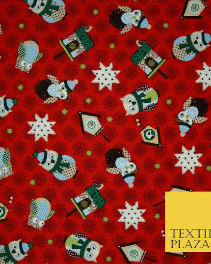 Festive Winter Owl Box House Christmas Snowflakes Printed 100% Cotton Fabric 54"