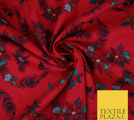 Christmas Wreaths Floral Red Poinsettia Festive Printed 100% Cotton Fabric 54"