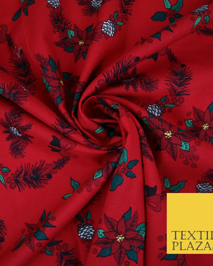 Christmas Wreaths Floral Red Poinsettia Festive Printed 100% Cotton Fabric 54"