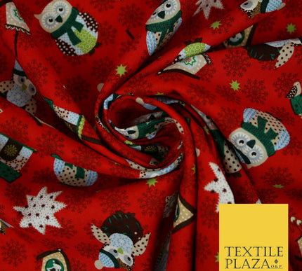 Festive Winter Owl Box House Christmas Snowflakes Printed 100% Cotton Fabric 54"
