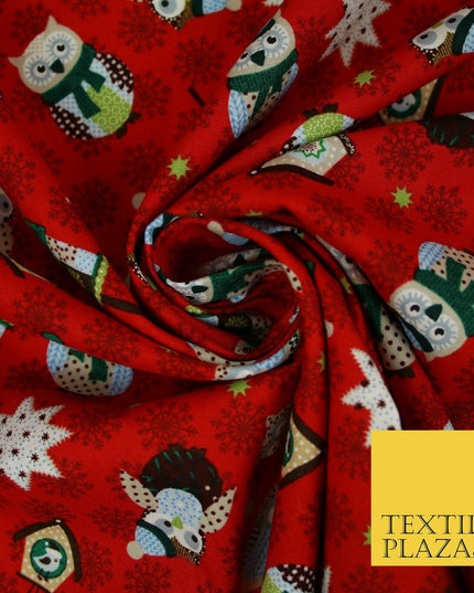 Festive Winter Owl Box House Christmas Snowflakes Printed 100% Cotton Fabric 54"