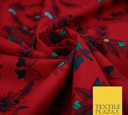 Christmas Wreaths Floral Red Poinsettia Festive Printed 100% Cotton Fabric 54"