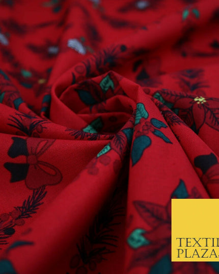 Christmas Wreaths Floral Red Poinsettia Festive Printed 100% Cotton Fabric 54"
