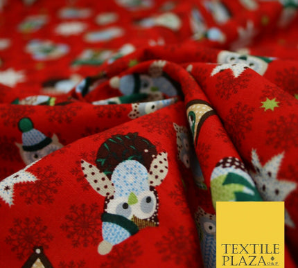 Festive Winter Owl Box House Christmas Snowflakes Printed 100% Cotton Fabric 54"