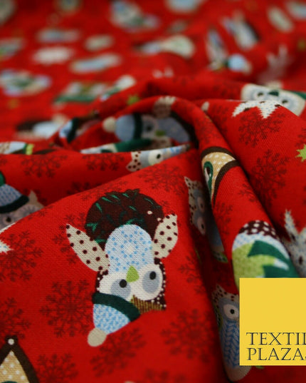 Festive Winter Owl Box House Christmas Snowflakes Printed 100% Cotton Fabric 54"