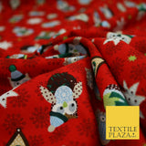 Festive Winter Owl Box House Christmas Snowflakes Printed 100% Cotton Fabric 54"