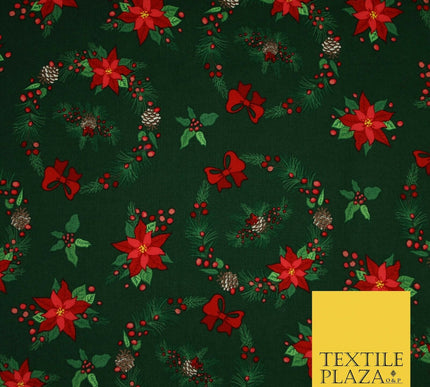 Christmas Wreaths Floral Red Poinsettia Festive Printed 100% Cotton Fabric 54"