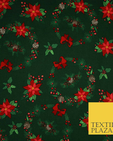 Christmas Wreaths Floral Red Poinsettia Festive Printed 100% Cotton Fabric 54"