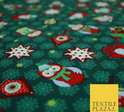 Festive Winter Owl Box House Christmas Snowflakes Printed 100% Cotton Fabric 54"