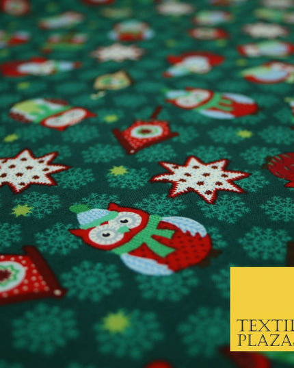 Festive Winter Owl Box House Christmas Snowflakes Printed 100% Cotton Fabric 54"