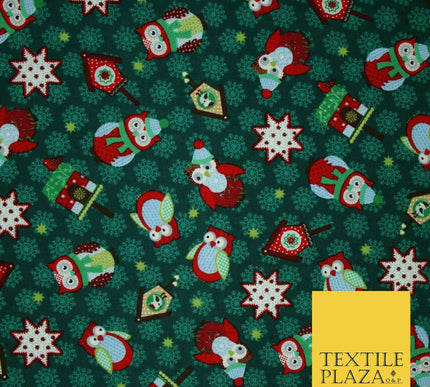 Festive Winter Owl Box House Christmas Snowflakes Printed 100% Cotton Fabric 54"