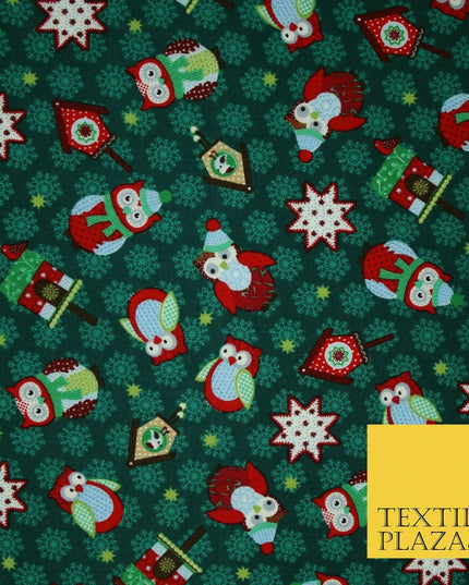 Festive Winter Owl Box House Christmas Snowflakes Printed 100% Cotton Fabric 54"