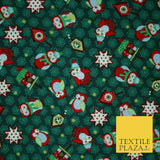 Festive Winter Owl Box House Christmas Snowflakes Printed 100% Cotton Fabric 54"