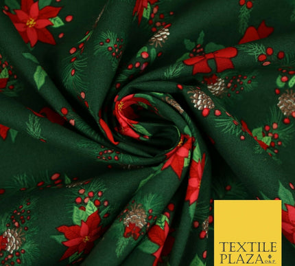 Christmas Wreaths Floral Red Poinsettia Festive Printed 100% Cotton Fabric 54"
