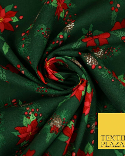 Christmas Wreaths Floral Red Poinsettia Festive Printed 100% Cotton Fabric 54"