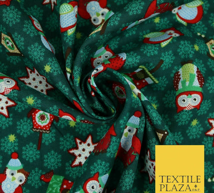 Festive Winter Owl Box House Christmas Snowflakes Printed 100% Cotton Fabric 54"