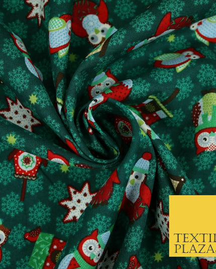 Festive Winter Owl Box House Christmas Snowflakes Printed 100% Cotton Fabric 54"