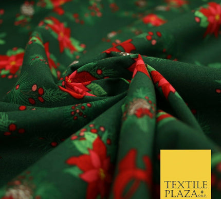 Christmas Wreaths Floral Red Poinsettia Festive Printed 100% Cotton Fabric 54"