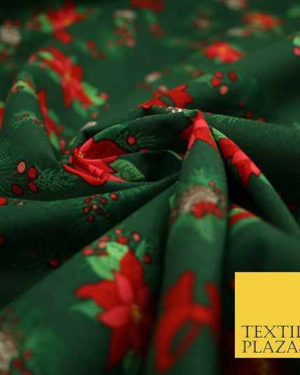 Christmas Wreaths Floral Red Poinsettia Festive Printed 100% Cotton Fabric 54"