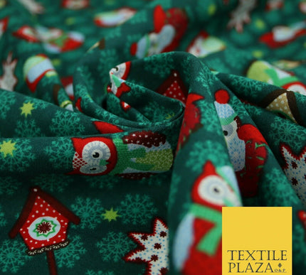 Festive Winter Owl Box House Christmas Snowflakes Printed 100% Cotton Fabric 54"