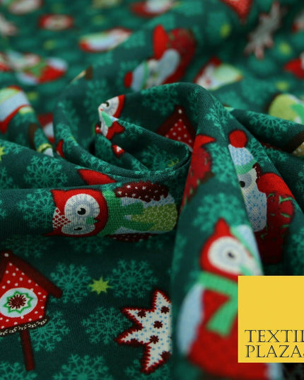 Festive Winter Owl Box House Christmas Snowflakes Printed 100% Cotton Fabric 54"