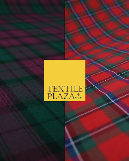 Red Magenta Green TARTAN CHECK Polyester Viscose Fabric Material 57" Craft Dress