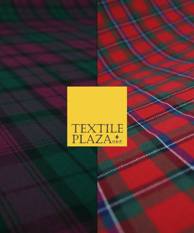 Red Magenta Green TARTAN CHECK Polyester Viscose Fabric Material 57" Craft Dress
