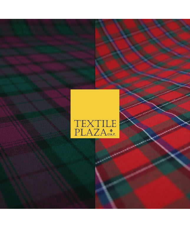 Red Magenta Green TARTAN CHECK Polyester Viscose Fabric Material 57" Craft Dress