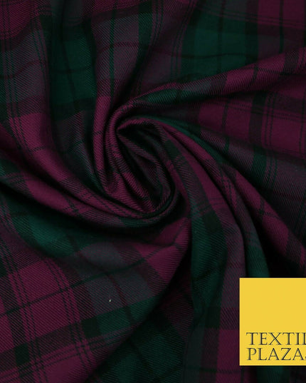 Red Magenta Green TARTAN CHECK Polyester Viscose Fabric Material 57" Craft Dress