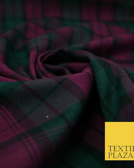 Red Magenta Green TARTAN CHECK Polyester Viscose Fabric Material 57" Craft Dress