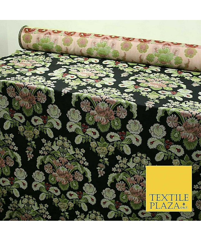 Black Large Ornamental Vintage Floral Fancy Brocade Jacquard Dress Fabric 4152