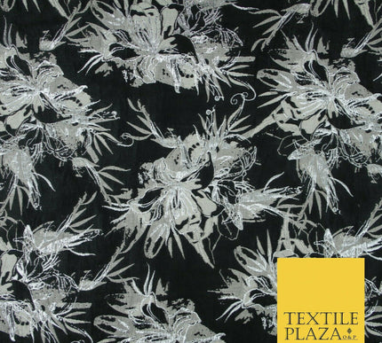 Black Pewter Silver Textured Metallic Fancy Brocade Jacquard Dress Fabric 4150