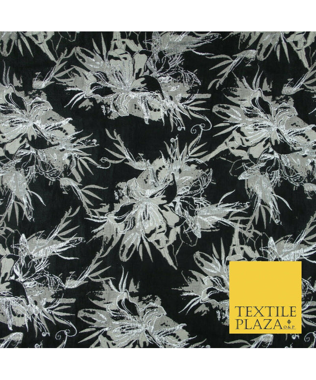 Black Pewter Silver Textured Metallic Fancy Brocade Jacquard Dress Fabric 4150