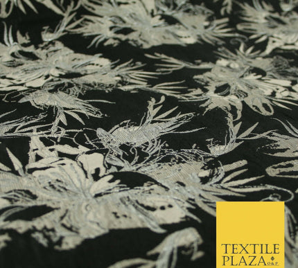 Black Pewter Silver Textured Metallic Fancy Brocade Jacquard Dress Fabric 4150