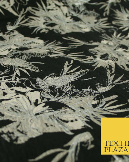 Black Pewter Silver Textured Metallic Fancy Brocade Jacquard Dress Fabric 4150